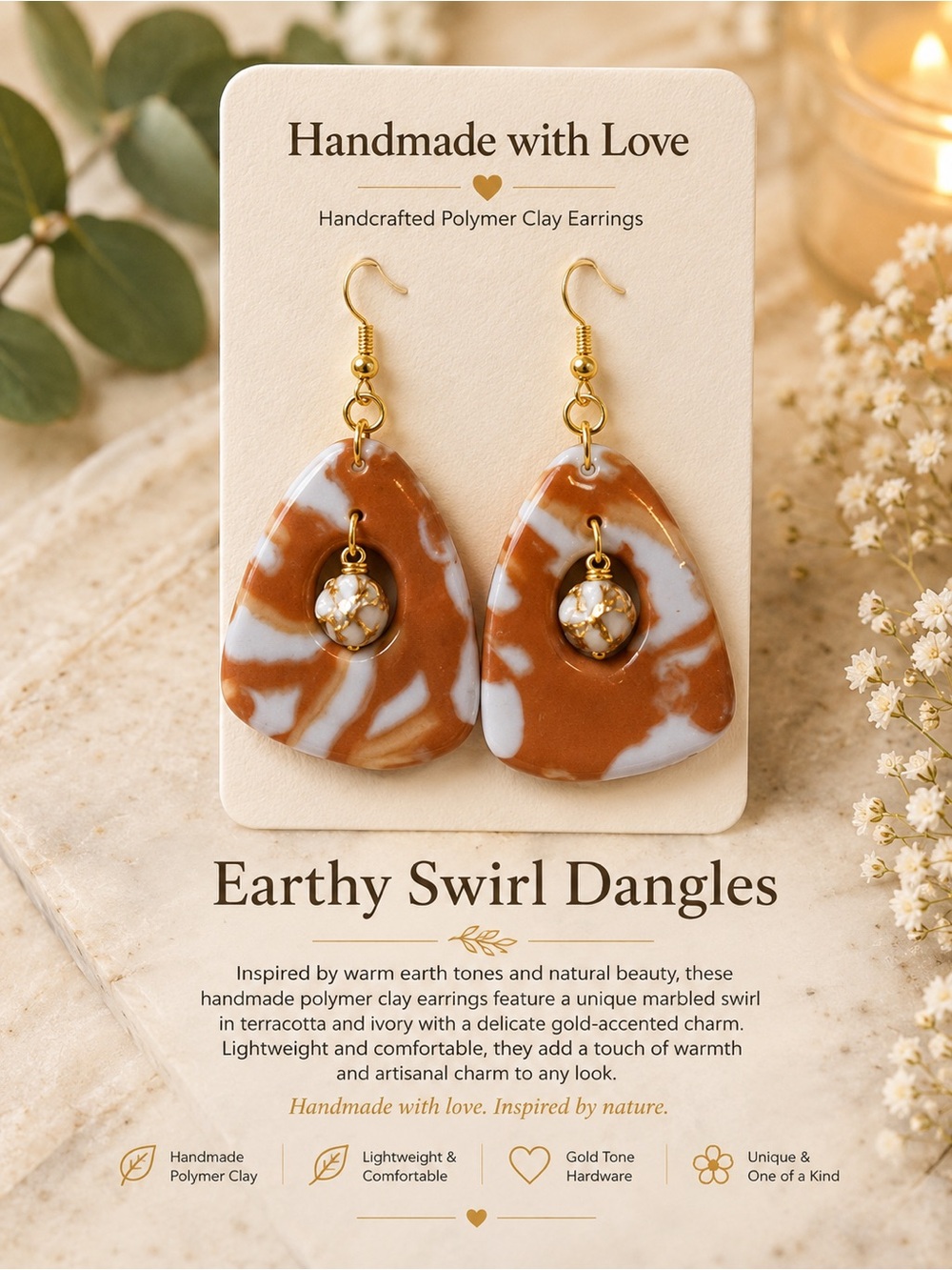 Handmade Earthy Swirl Dangle Earrings - Terracotta & Ivory with Gold Charm
